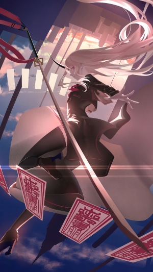 Anime girl with sword and talismans