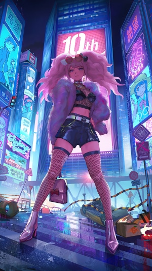 Junko Enoshima from Danganronpa in a neon city