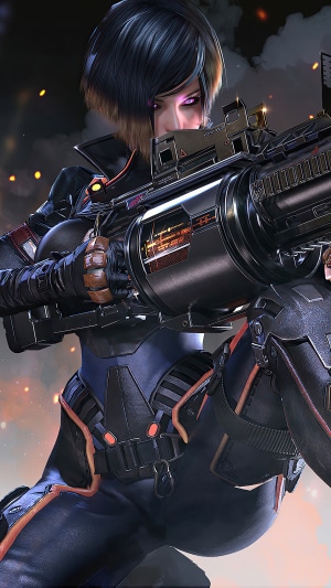 Artwork of a female soldier with a large weapon