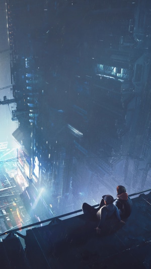 Two people on a rooftop overlooking a futuristic city