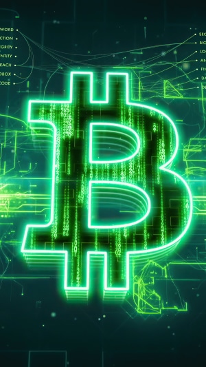 Bitcoin symbol with digital matrix background