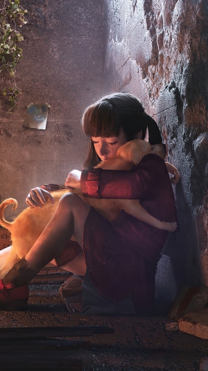 Girl hugging a cat in an alleyway