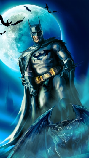 Batman in front of a large moon with bats