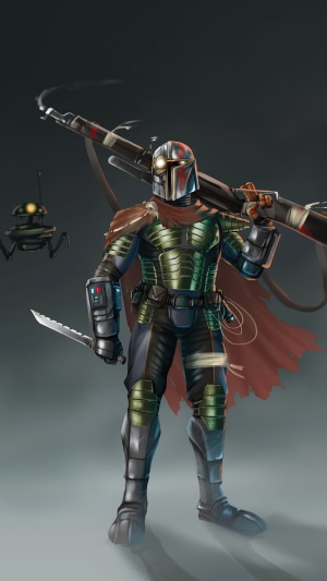 The Mandalorian with a droid from Star Wars artwork