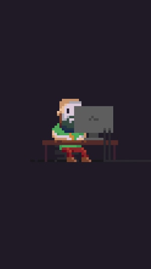 Pixelated man with beard using a laptop