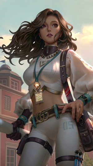 Woman with brown hair and white outfit