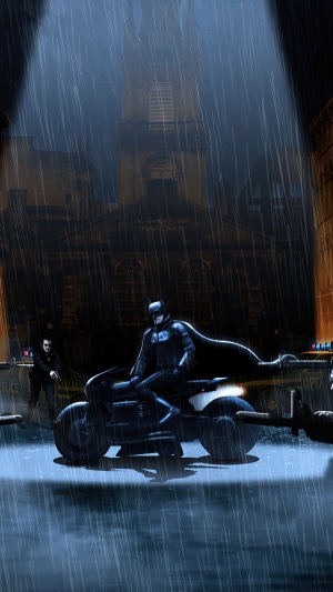Batman on Batcycle in the Rain