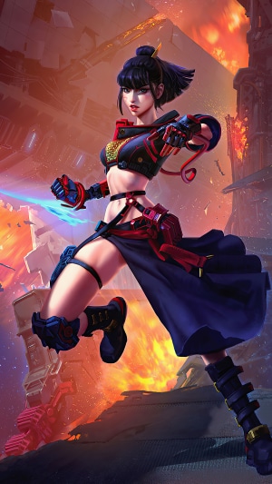 Artwork of a female warrior in a futuristic city