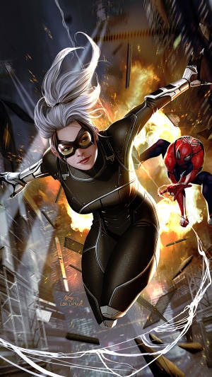 Black Cat and Spider-Man in an explosion