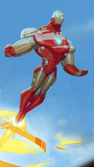 Iron Man flying with energy blasts