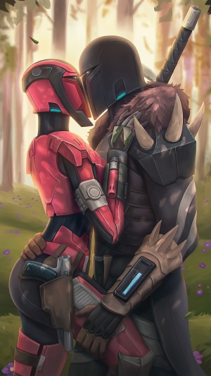 Mandalorian couple kissing in a forest