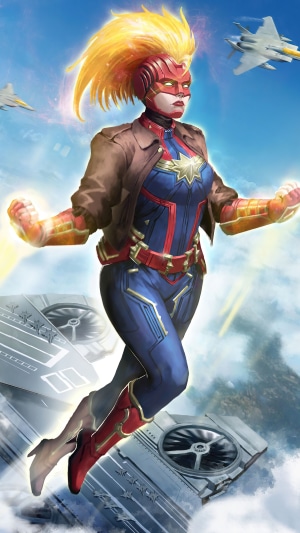 Captain Marvel artwork with jets and aircraft carriers