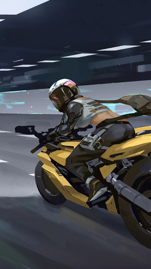 Cyberpunk woman riding a yellow motorcycle