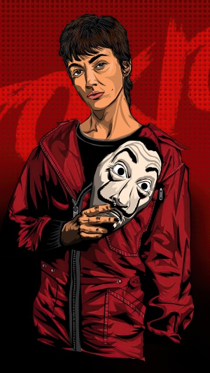 Tokyo from Money Heist holding a Dali mask