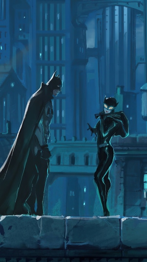 Batman and Catwoman on a rooftop in Gotham City