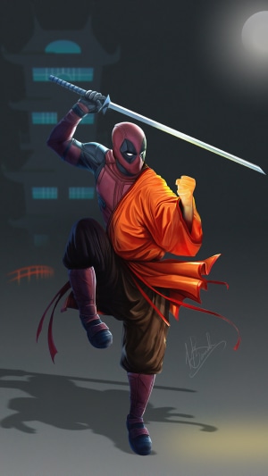 Deadpool in monk attire with a katana