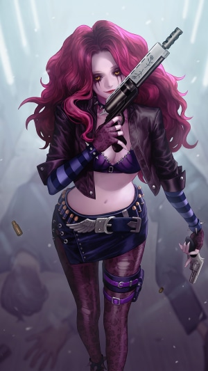 Woman with pink hair holding a gun
