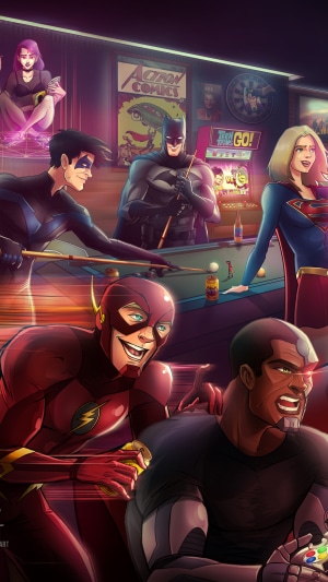 DC Comics superheroes playing pool and video games