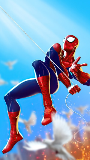 Spider-Man swinging through the sky with pigeons
