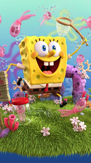 SpongeBob SquarePants catching jellyfish in Bikini Bottom