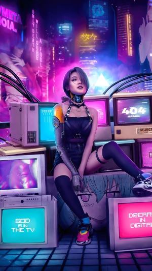 Cyberpunk girl with robotic arm surrounded by old monitors