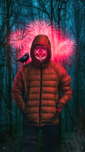 Man in red jacket with neon mask and crow