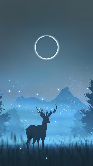 Minimalist digital art of a deer under a solar eclipse