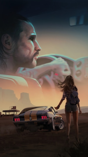 Man driving a Mustang, woman hitchhiking
