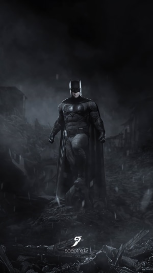 Batman in a ruined city, artwork