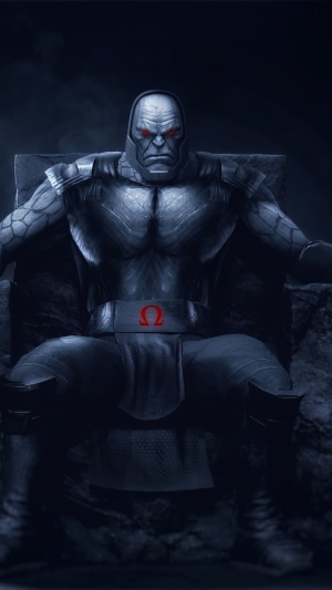 Darkseid sitting on a throne with Omega symbol