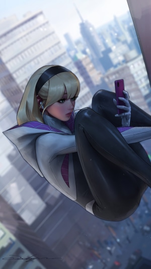 Gwen Stacy from Spider-Man using a smartphone on a skyscraper