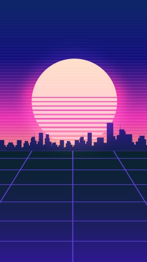 Retrowave cityscape with a large sun