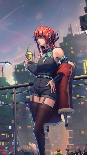 Anime girl with red hair holding a drink in a city