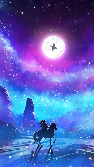 Fantasy artwork of a person riding a horse under a starry sky