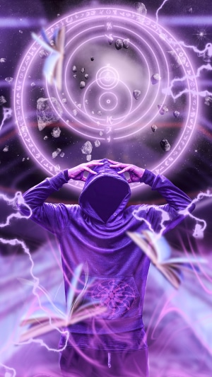Anonymus figure in hoodie with magic circle