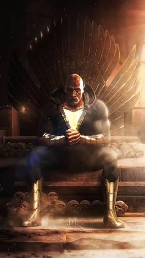 Black Adam sitting on a throne surrounded by skulls