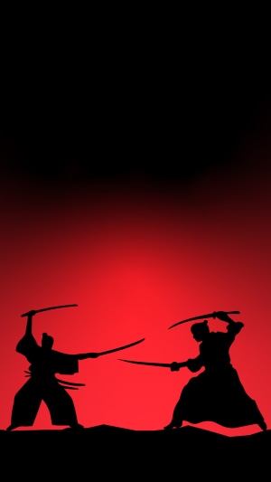Two samurai silhouettes fighting with swords