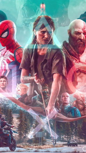 Spider-Man, Ellie, Kratos, Cloud, and Jin Sakai from PlayStation games
