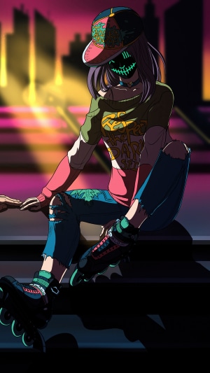 Girl in mask and rollerblades sitting in city at night