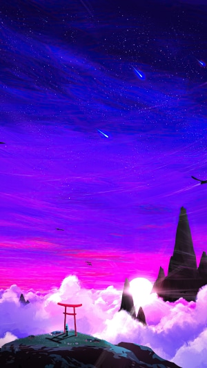 Digital art with mountains, clouds, and a torii gate