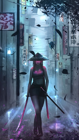 Samurai warrior with swords in a rainy neon city
