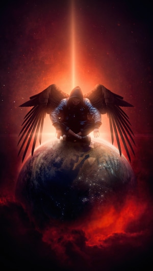 Angel sitting on Earth with wings spread