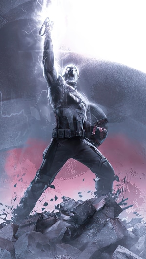 Captain America wielding Thor's Hammer with lightning