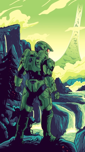 Master Chief from Halo Infinite on a cliff overlooking a waterfall and ringworld