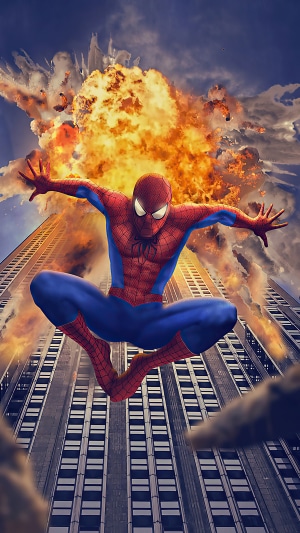 Spider-Man in front of an explosion on a skyscraper