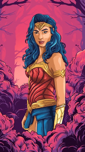 Wonder Woman artwork in pink forest
