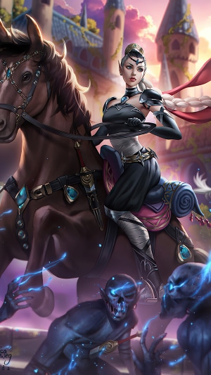 Elf warrior on horseback fighting goblins