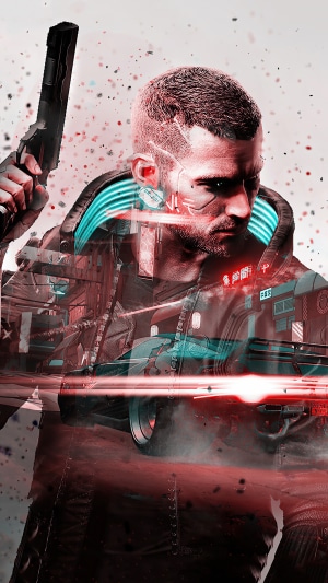 V from Cyberpunk 2077 holding a gun