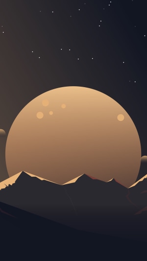 Minimalist digital art of a large moon over mountains