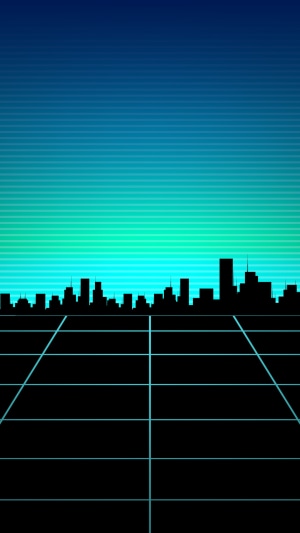Retrowave cityscape with grid floor